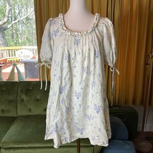 Zoco Clara Bunny Print Dress Medium Cream Blue Cottagecore Puff Sleeve